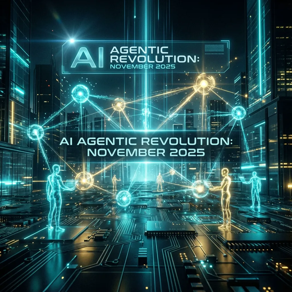 Futuristic digital environment with interconnected AI agents representing the 2025 revolution
