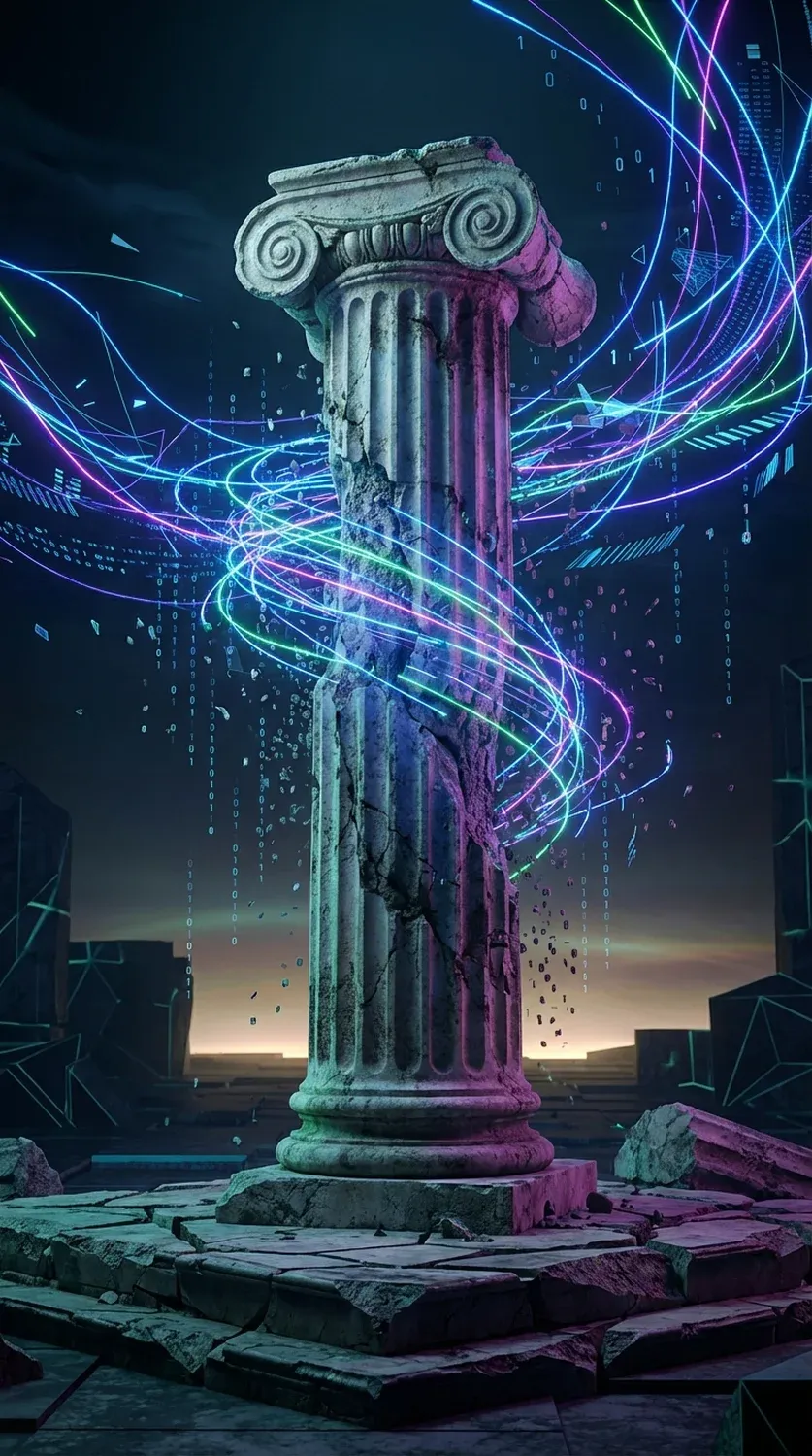 Koncepcionális művészet, amely egy klasszikus, omladozó oszlopot ábrázol, ami az alapelveket jelképezi, és amelyet kaotikus MI adatfolyamok erodálnak.