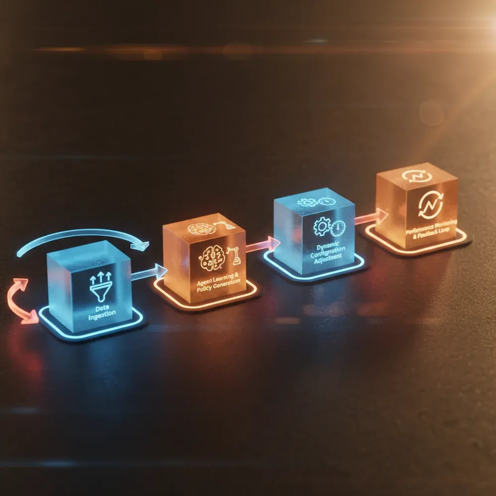 Folyamatábra, amely az autonóm optimalizálási folyamatot részletezi: adatbevitel, ügynök tanulása, konfiguráció beállítása és a teljesítményfigyelési visszacsatolási hurok.