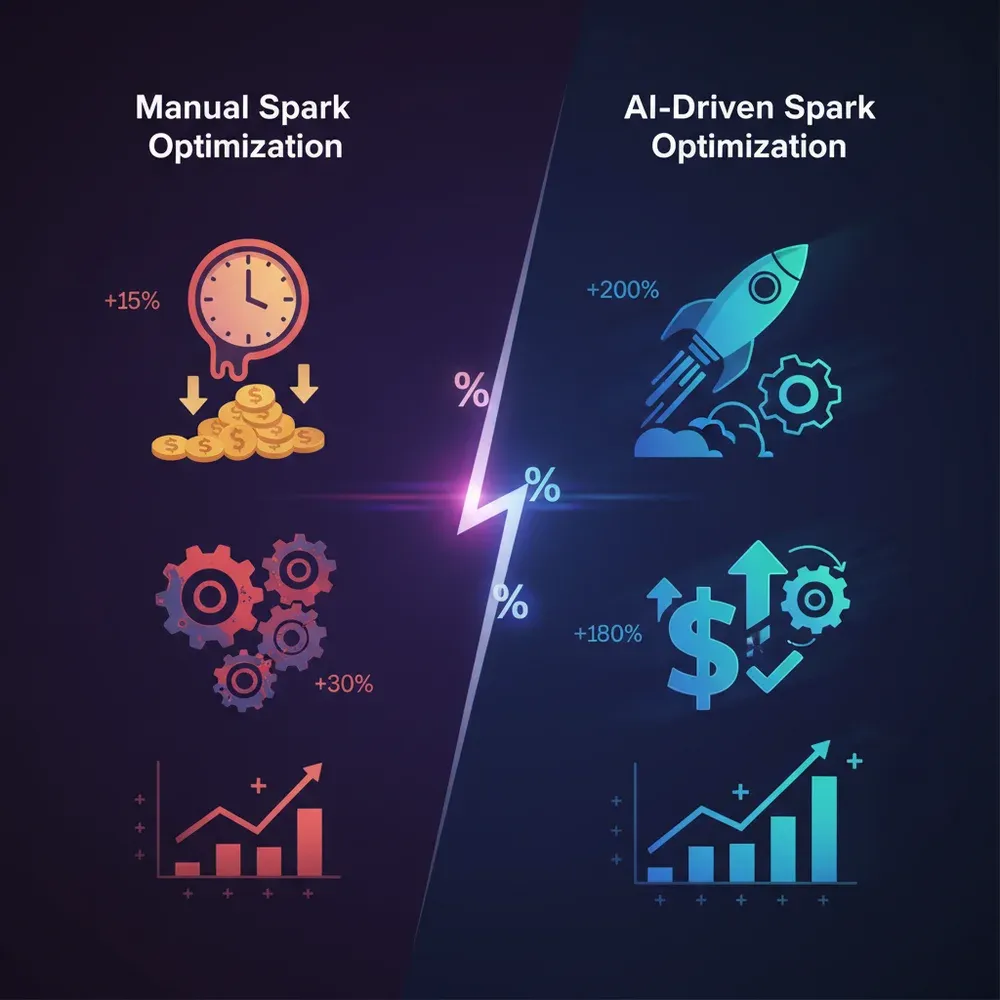 Infografika, amely a manuális és az AI-vezérelt Spark optimalizálást hasonlítja össze, kiemelve a teljesítmény, a költségmegtakarítás és a csökkentett működési terhek terén elért nyereséget.