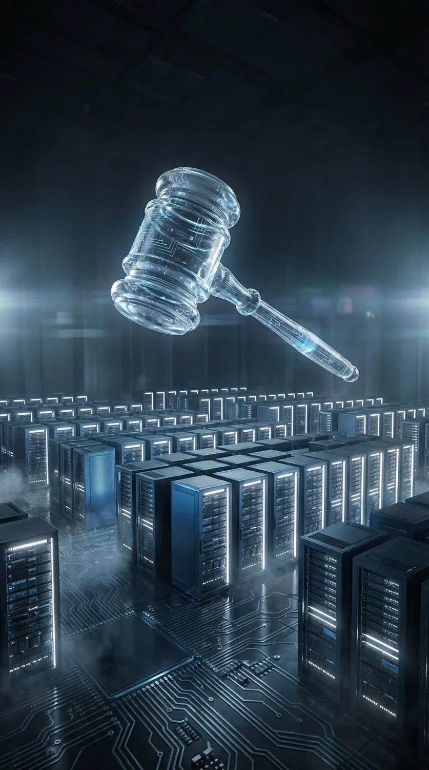 Digitális bírói kalapács lebeg szerverállványok felett, erőteljes vizuális metafora az MI irányítására és új állami szabályozásokra.