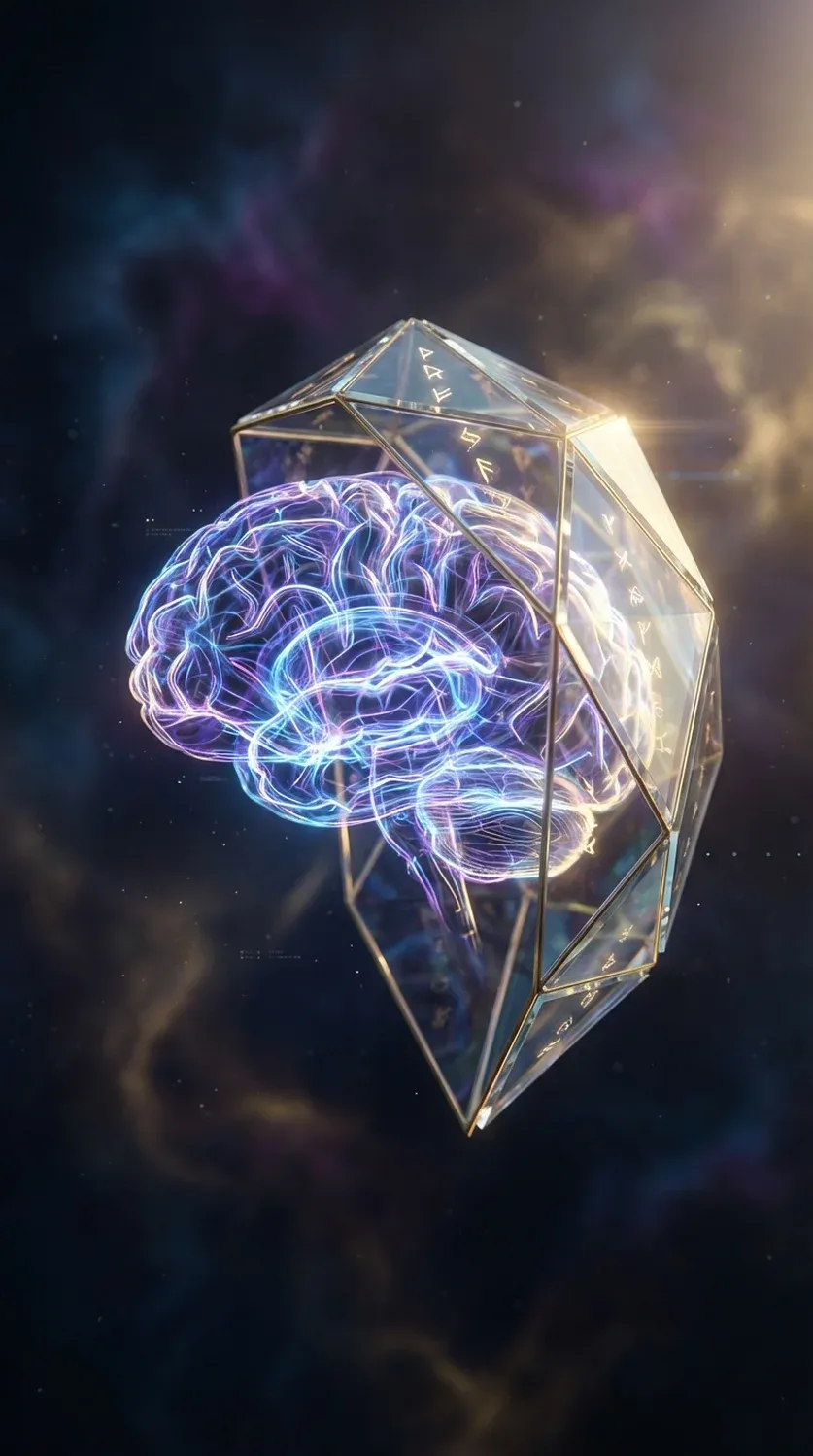 Koncepciós kép az MI innovációról mint neurális hálózatról, amelyet egy kristályos biztonsági és szabályozási keret véd.