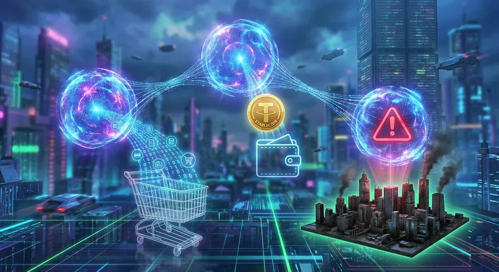 Autonóm AI ügynökök koncepcionális vizualizációja, amelyek e-kereskedelmet, digitális fizetéseket kezelnek és kockázatkezelési keretrendszereket érvényesítenek