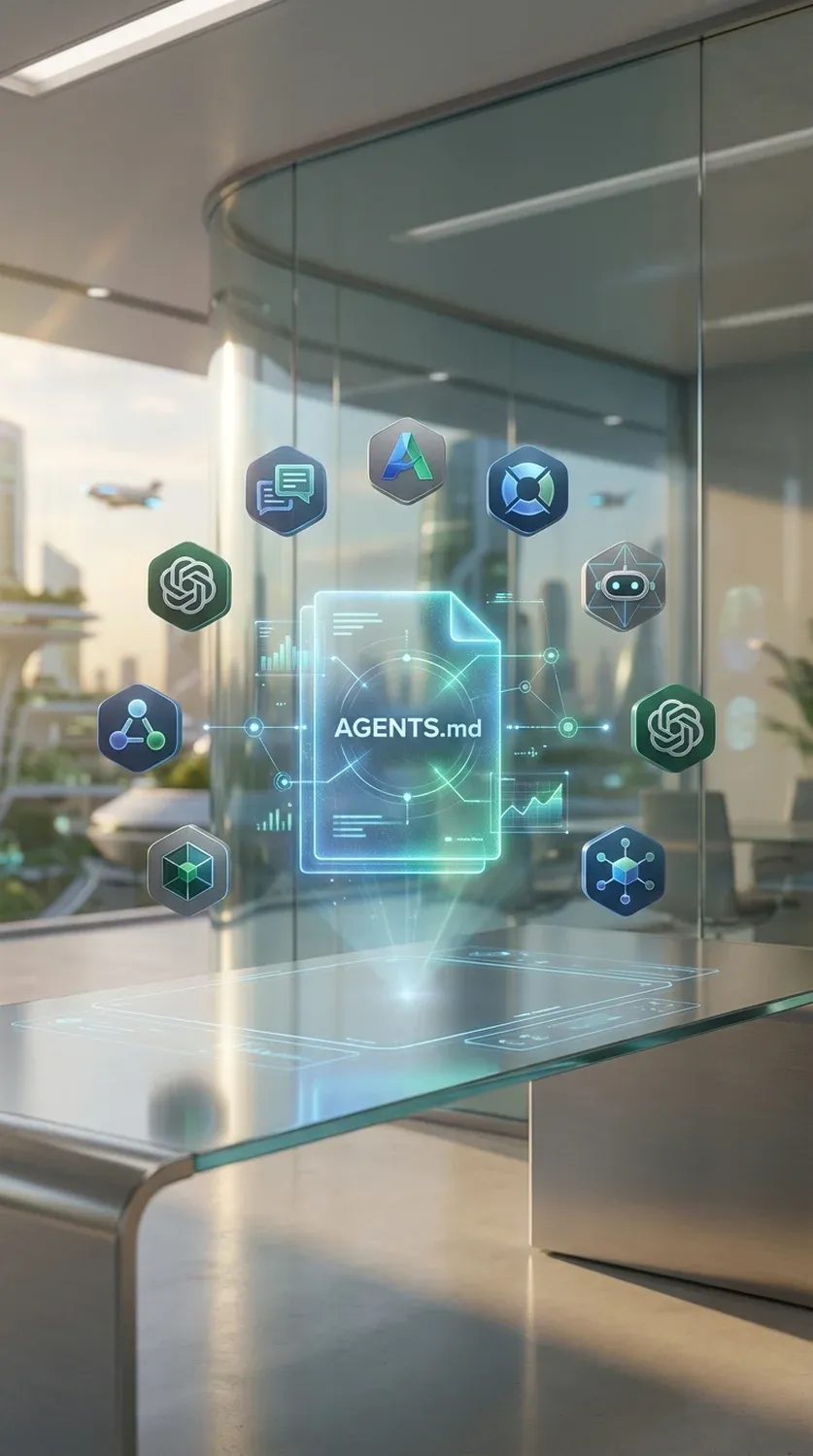 MI ágensek vizualizációja, amint nyílt szabványokon, mint az AGENTS.md, dolgoznak, iparági partnerséget mutatva.