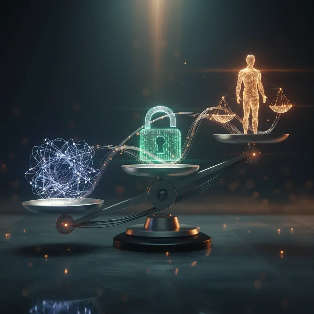 Vizuális metafora az AI innováció, az adatbiztonság és az etikai megfontolások egyensúlyáról