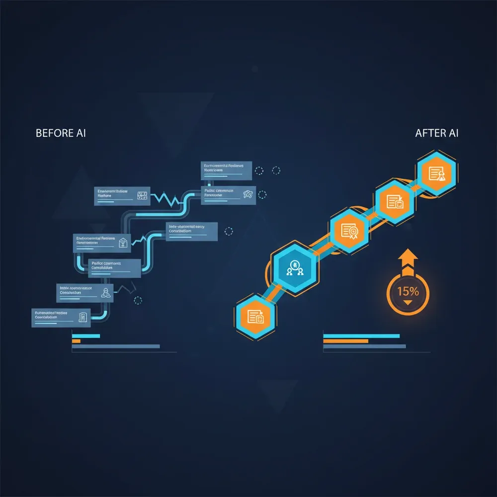 Infografika, amely összehasonlítja a NEPA engedélyezési idővonalát AI ügynökökkel és anélkül