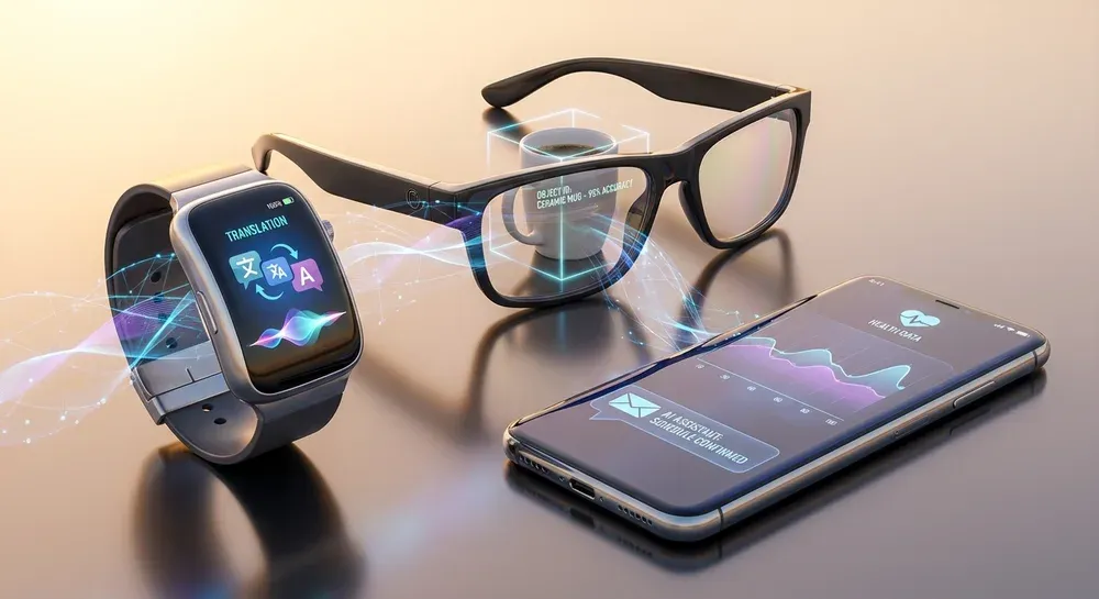 Okos eszközök, például viselhető eszközök és telefonok gyűjteménye, amelyek kontextuális AI-információkat jelenítenek meg, eszközön történő feldolgozással.