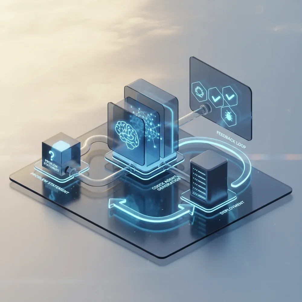 Diagram az OpenAI Harness Engineering munkafolyamatáról: bemenet, Codex ügynök generálás, tesztelés, telepítés
