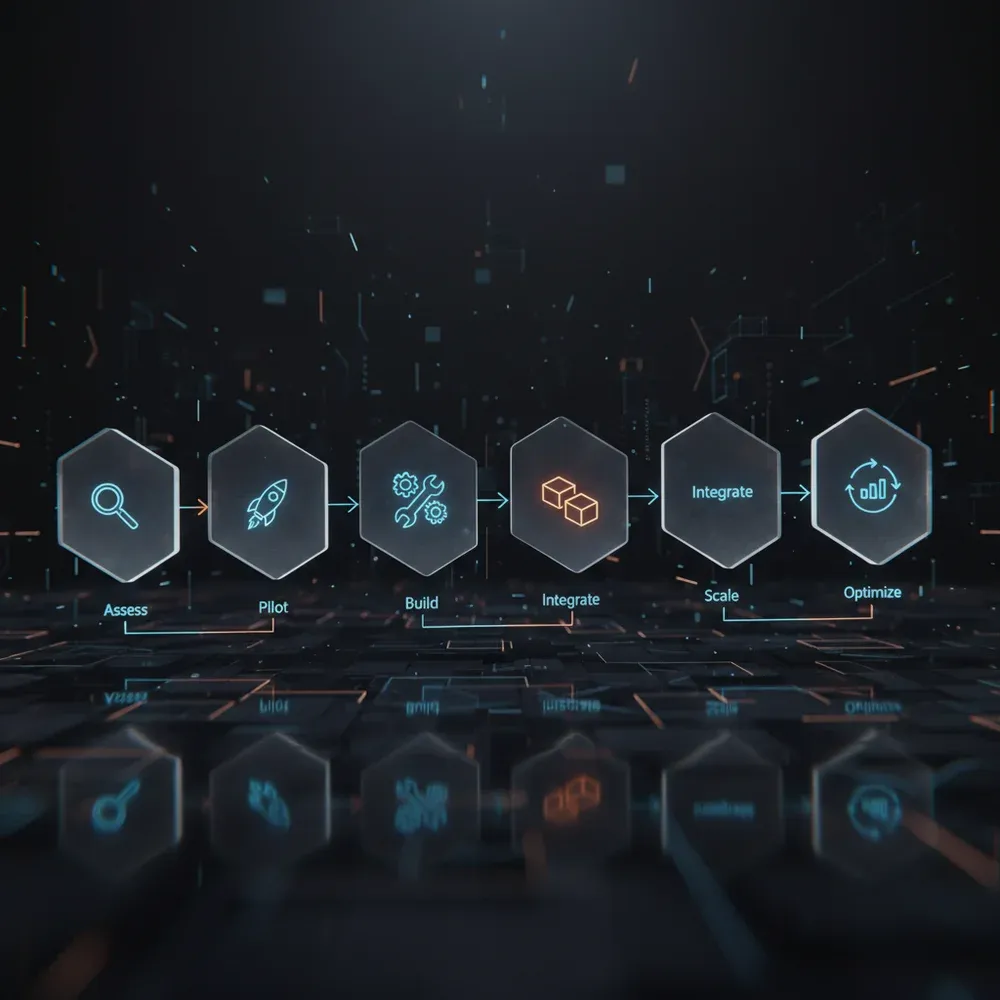 Folyamatábra az AI-alapú egyedi automatizálás bevezetésének stratégiai útitervéről