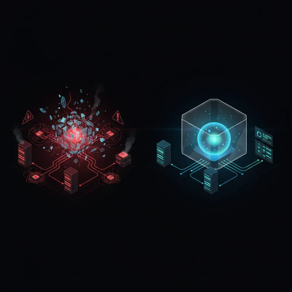 Fragile AI Agent vs Sandboxed Solution Diagram