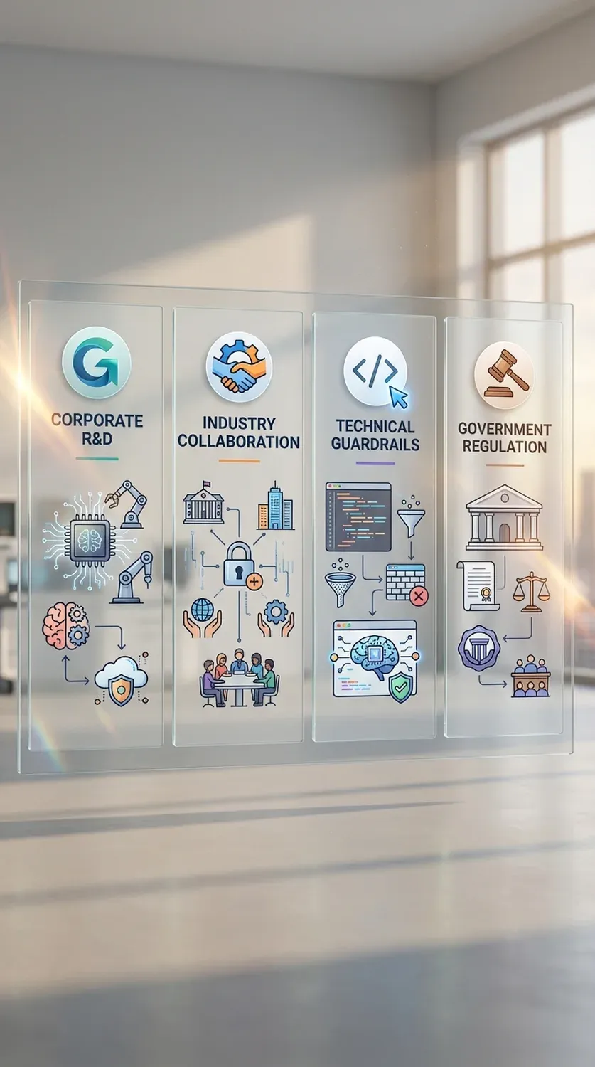 Infografika, amely az MI biztonság négy pillérét részletezi: Vállalati K+F, Ipari Együttműködés, Technikai Védőkorlátok és Szabályozás.