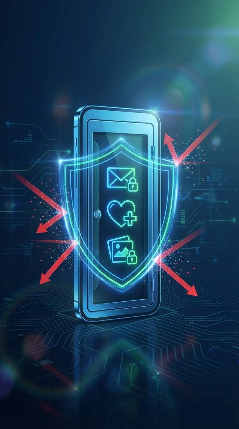 Egy infografika, amely egy okostelefont biztonságos széfként ábrázol, ahol a személyes adatokat belsőleg dolgozzák fel és védik a külső fenyegetésektől.