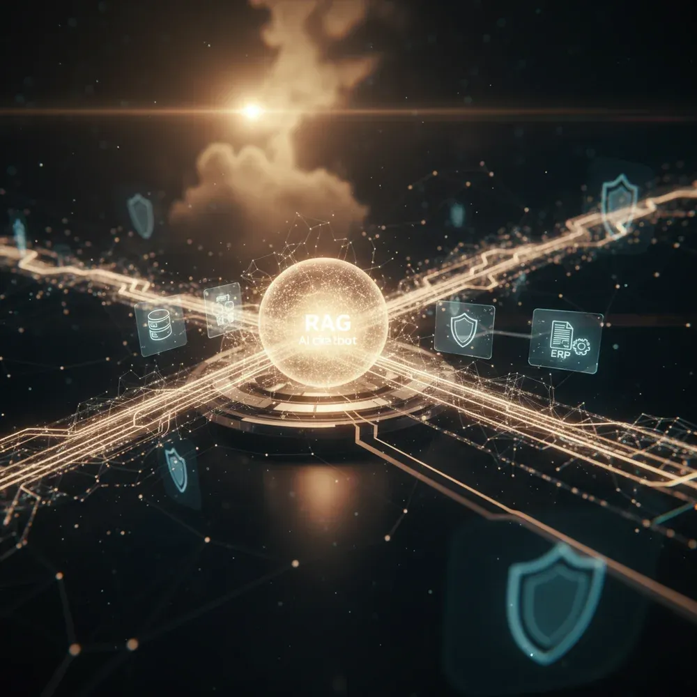 Absztrakt vizualizáció egy RAG AI chatbottól egy vállalati adathálózat központjában, izzó adatfolyamokkal, adatbázisokkal és üzleti alkalmazásokkal körülvéve, hangsúlyozva a biztonságot és az intelligenciát.