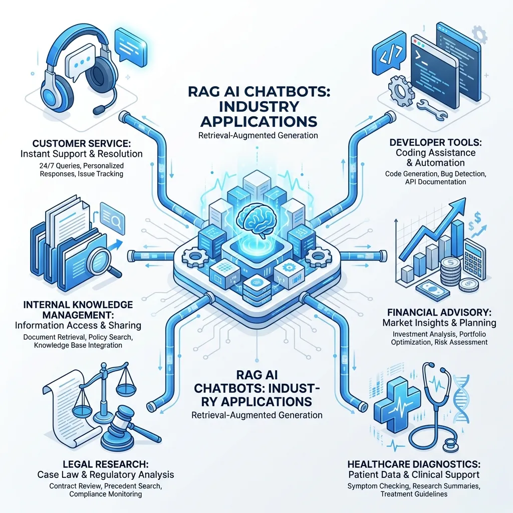 Vizuális infografika, amely a RAG AI chatbotok sokféle iparági alkalmazását mutatja be, beleértve az ügyfélszolgálatot, a belső tudásmenedzsmentet, a jogi kutatást, az egészségügyi diagnosztikát, a pénzügyi tanácsadást és a fejlesztői eszközöket, mindegyik releváns ikonnal ábrázolva.
