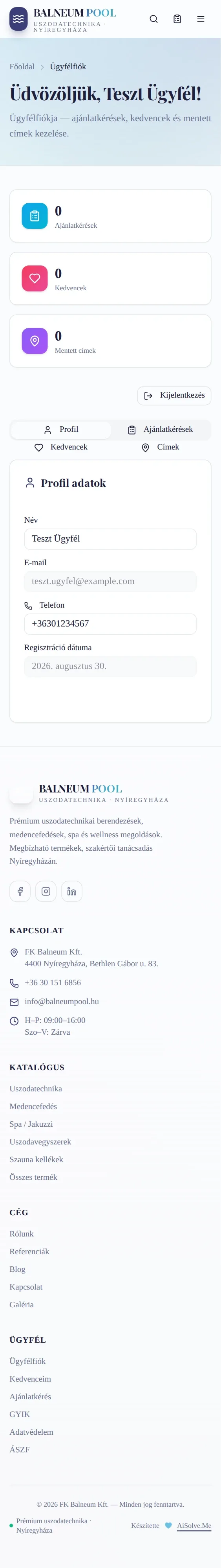Customer /fiok dashboard — mobil nézet (iPhone X, 375×812), világos téma. Hamburger menü a jobb felső sarokban, kompakt logó, egymás alatti elrendezés, "Profiladatok" szerkesztő teljes szélességben, lábléc kategóriákkal.