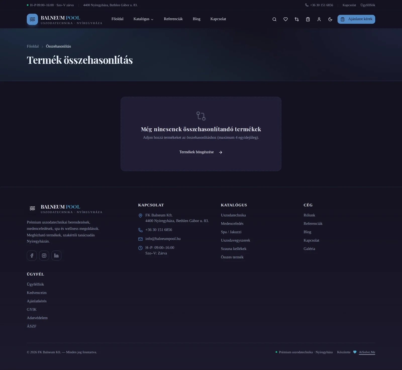 Customer /fiok/osszehasonlitas — desktop nézet, sötét téma. Termék-összehasonlító táblázat sötét módban: legfeljebb 4 termék paramétereinek (ár, teljesítmény, méret, garancia) egymás melletti megjelenítése.